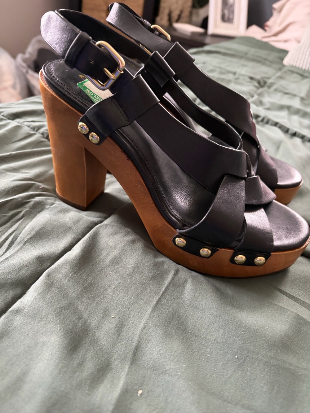 Coach Black Leather Platform Slingback Sandals with Wood Heel - Picture 4 of 7